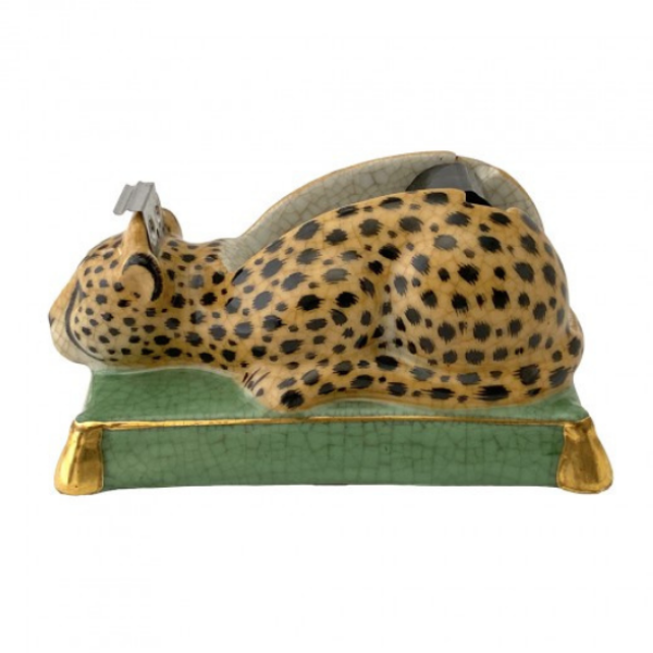 Image of unique tape dispenser that is a decorative, yet useful office decor item. Classic crouching jaguar on a verde green base.