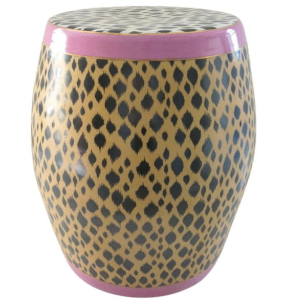 Image of porcelain leopard pattern decorative barrel shaped stool.
