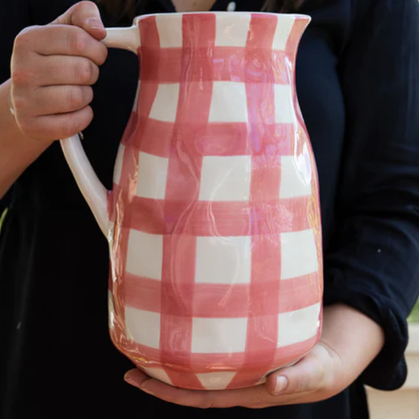 Image of pink checkered ceramic jug.