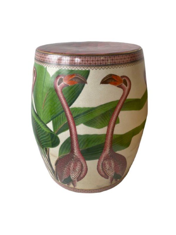 Image of porcelain stool or side table glazed with two flamingoes and tropical leaves. Also ideal for a side or lamp table