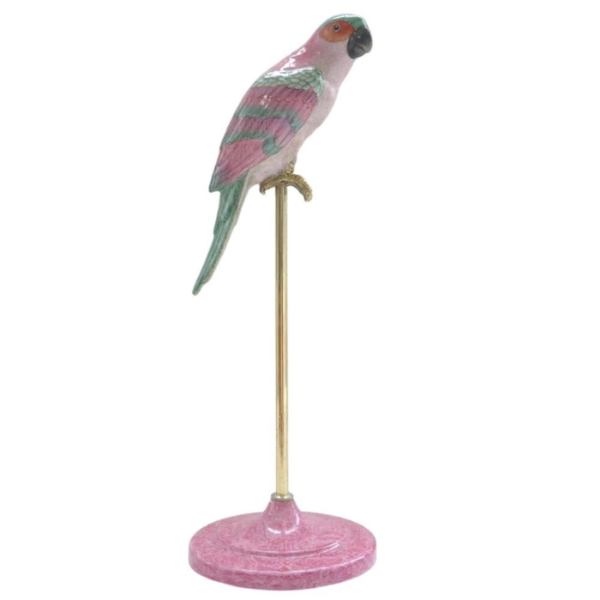Image of statuesque porcelain perroquet bird on stand formed from porcelain, metal and bronze perched on a glazed pink crackle finish with brass stand.  How impressive would look sitting in your lounge room?