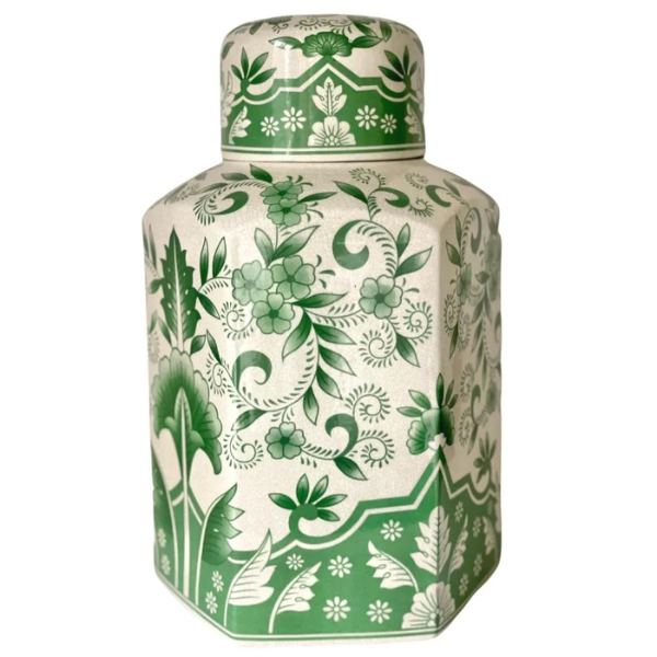 Image of porcelain glazed ginger jar with green chinoiserie pattern.