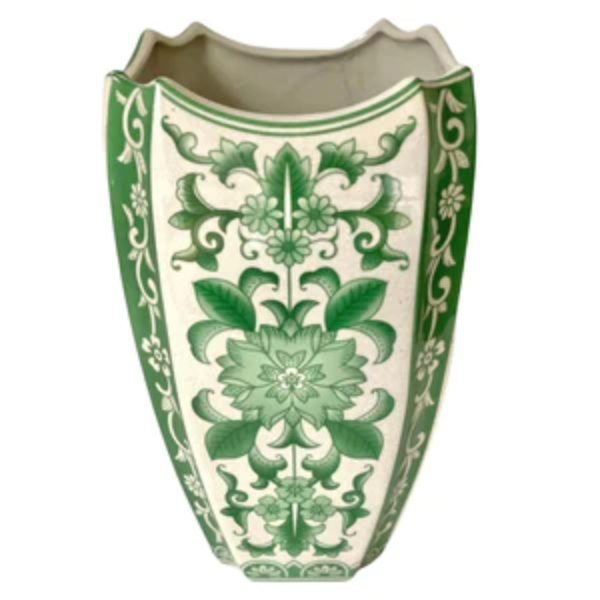 Image of porcelain glazed vase with green chinoiserie style pattern.