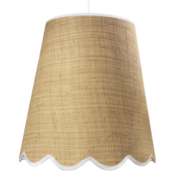 Image of large pendant ceiling light shade with woven raffia and white scalloped edge.