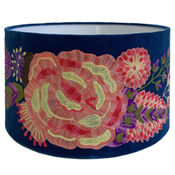 Image of bloom multi blue velvet lamp shade with pink flower embroidery.