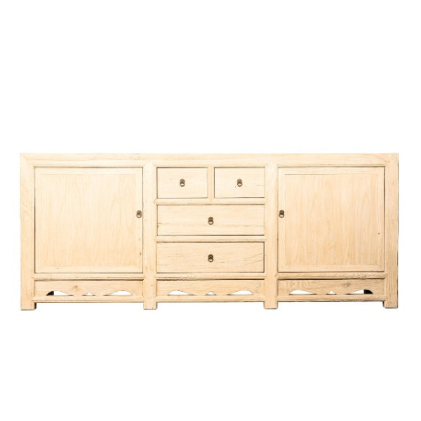 Image of splendid Elm cabinet that will make a statement in any contemporary home.  The natural grain of the timbers enhance the practical and useful storage space offered by this functional item.  Decorate with your favourite ornaments and enjoy the benefits of owning a sturdy, well-proportioned sideboard. Composition:  Elm Measurements:  220 x 44 x 90cm approx