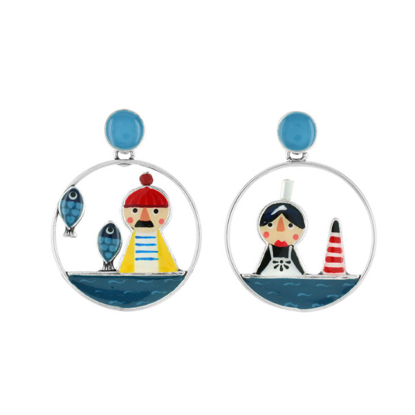 Image of hoop earrings with comical, multicoloured, European sailor and wife, lighthouse and blue fish.