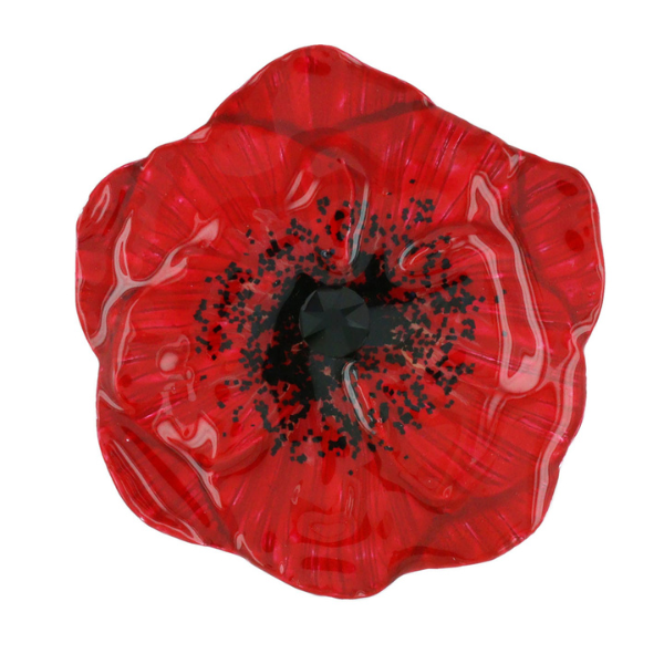Image of cute red hand painted poppy brooch with rhinestone centrepiece.