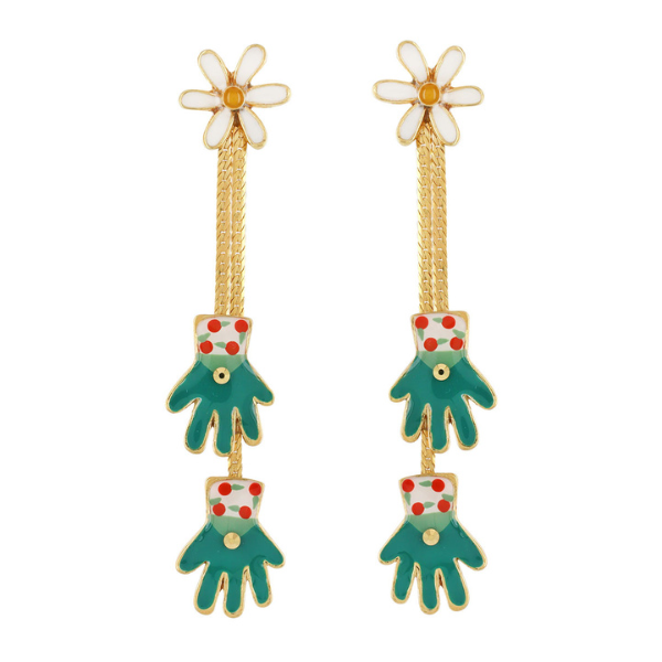 Image of quirky dangle earrings with 2 gardening gloves as features on gold metal finish.