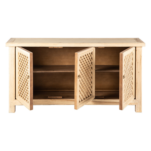 Image of lattice inset, three door cabinet crafted from reclaimed pine.