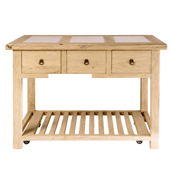 Image of a versatile kitchen island with a white marble inlaid into timber with six drawers (three on either side), slatted shelf and wooden base on casters.  A stylish, practical piece designed to provide additional storage and bench space in any kitchen area.