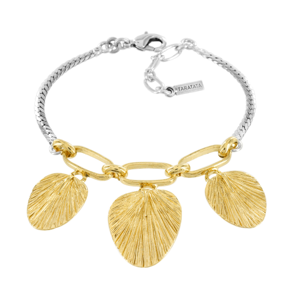Image of elegant bracelet with 3 gold plated leaves as centrepiece on silver chain finish.