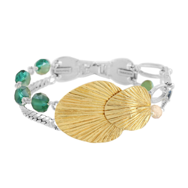 Image of elegant multi chain bracelet with gold plated leaves and green beads as decoration on silver chain finish.