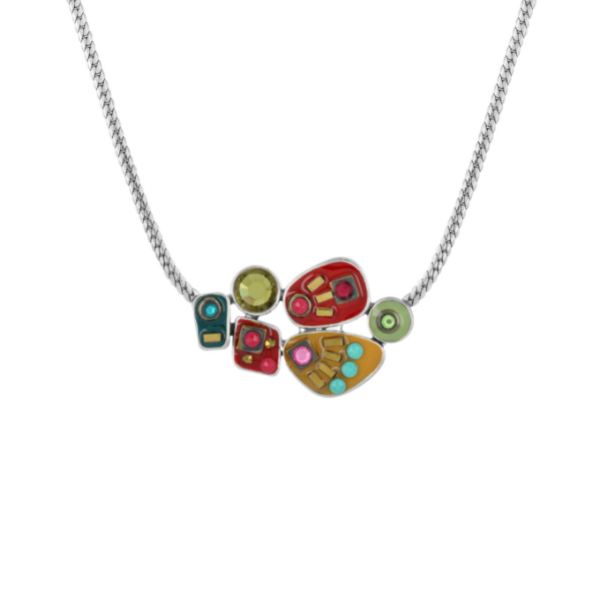 Image of quirky necklace encrusted with multicoloured hand painted patterns and stones on silver finish.
