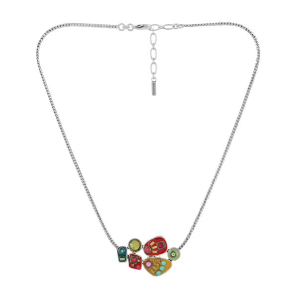 Image of quirky necklace encrusted with multicoloured hand painted patterns and stones on silver finish.