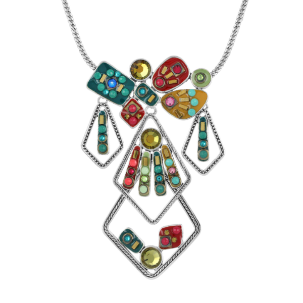 Image of multi pendant necklace encrusted with multicoloured hand painted patterns and stones on silver finish.