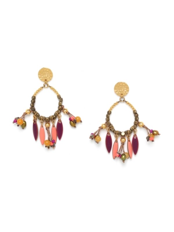 Franck Herval's Alina Collection jewellery comprises elements of bone, pearl, hematite and yellow jasper. Gold metal colour, gypsy style with warm coloured beads of watermelon, peach, apricot, maroon and mustard.