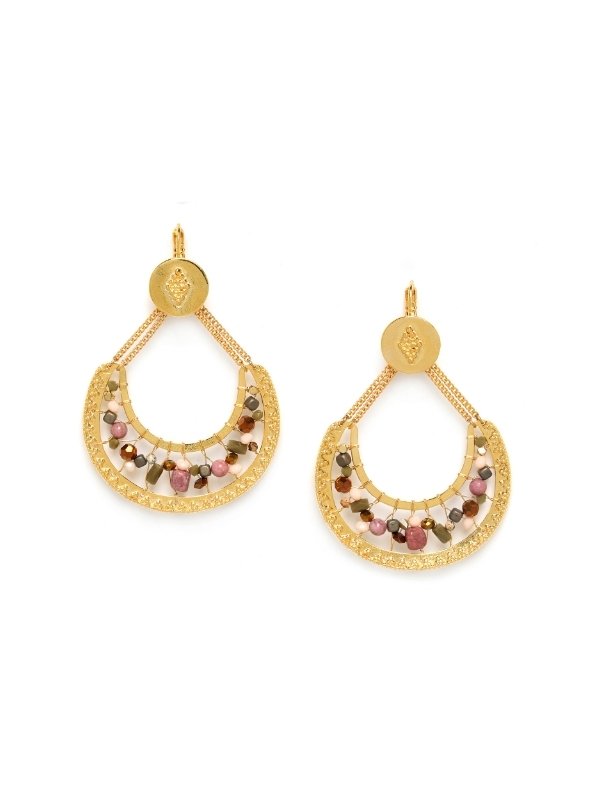 Image of crescent shaped earrings set with elements of picture jasper, pearl, hematite, jade, rhodonite and Swarovski in Franck Herval's Dreamy Collection. Metal finish colour is gold and beading colours are blush, amber and rust.
