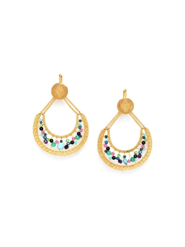 Crescent shaped earrings are set with elements of picture jasper, pearl,  hematite, jade, rhodonite and Swarovski in Franck Herval's Dreamy Collection. Metal finish colour is gold and beading colour is musk pink, green, turquoise and navy.