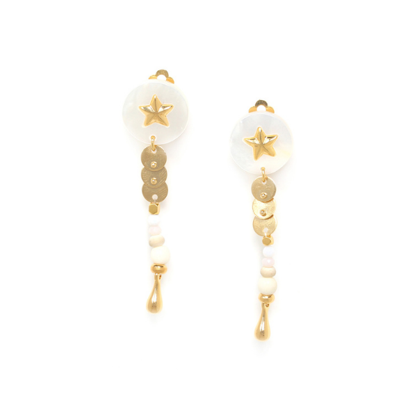 Image of graduated mother of pearl stud earrings enhanced with a gilded gold star.