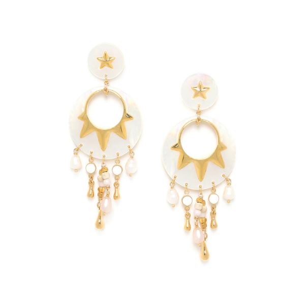 Image of statement mother of pearl stud earrings trimmed with gilded gold star shapes and trimmed with five rows of dangles.