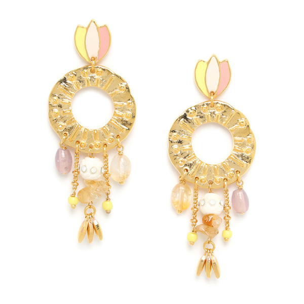 Image of circular, multi dangle, stud earrings with enamel pink, white and lemon lotus and 18k gold gilded metal.