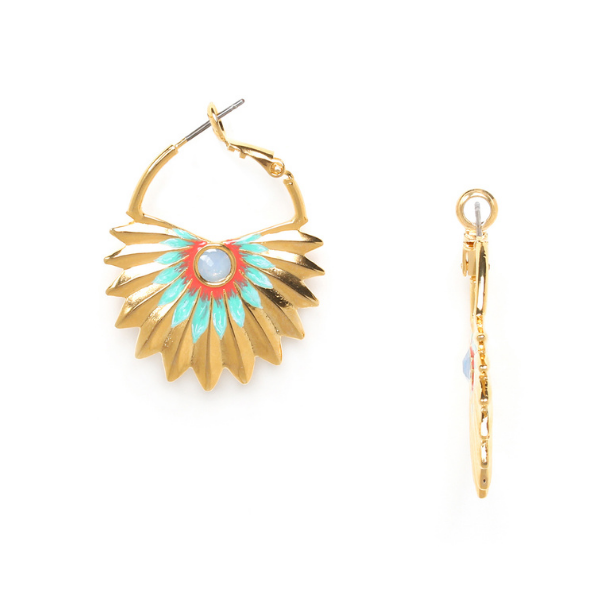 Image of creole, fan palm leaf earrings gilded with 18k gold and turquoise and coral enamel.