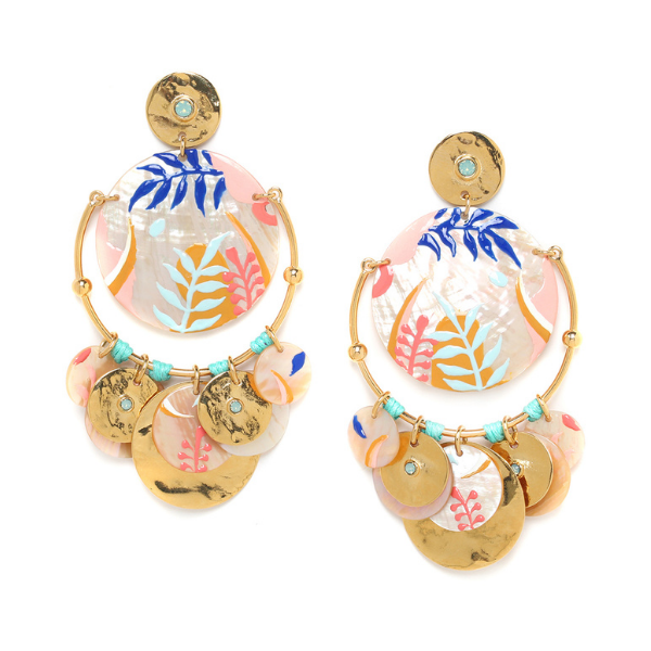 Image of statement earrings with multicoloured, handpainted leaf designs and gold dangle medallions.