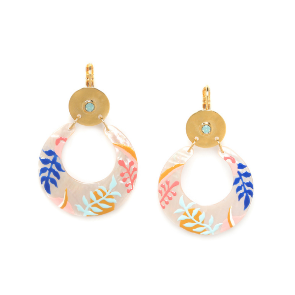 Image of multicoloured, hand-painted leaf pattern earrings. Gold coloured metal and a swarovski crystal.