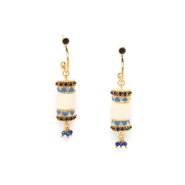 Image of half creole earrings honed from bone and decorated with gold, lapis and black Swarovski.