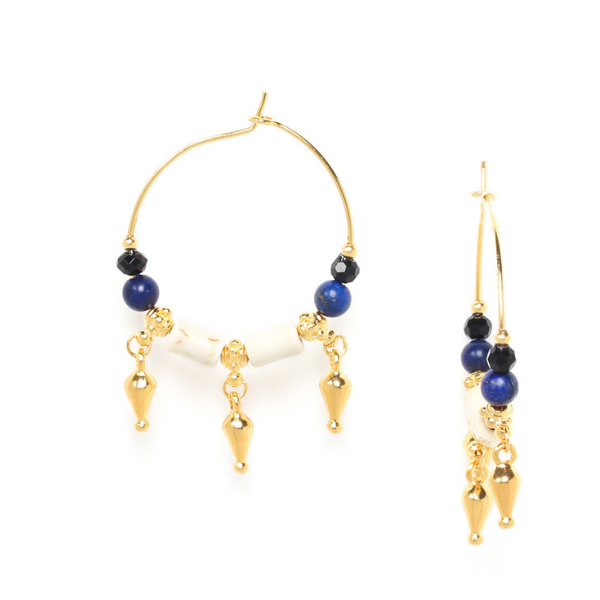 Image of hoop earrings beaded with bone, gold plated metal beads, lapis and dark Swarovski crystals.