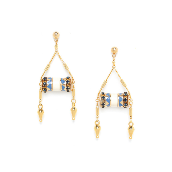 Image of drop earrings in a Middle Eastern style with bone, lapis and swarovski embellishments.
