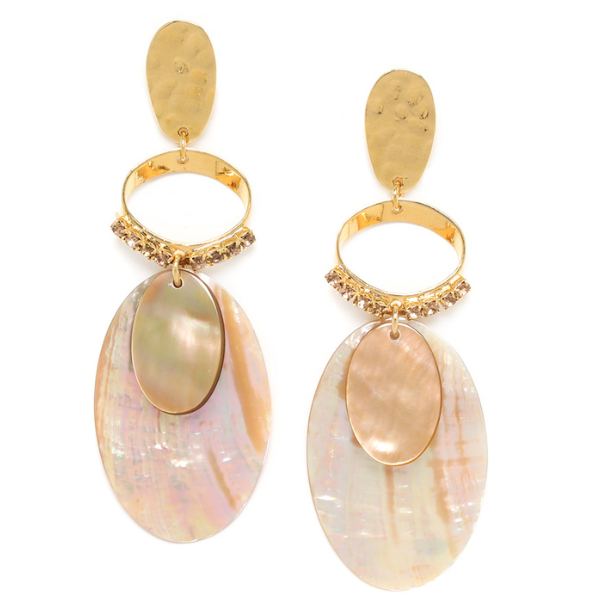 Image of gold metal plated earrings with champagne seed crystals and long shell dangles.
