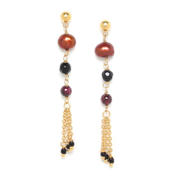 Image of ball post earrings with beads and tassel dangles.