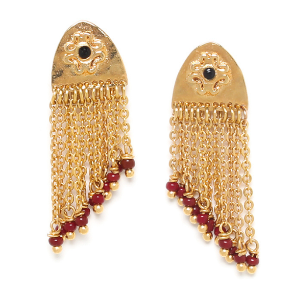Image of dainty arch post earrings with multi chain dangles.