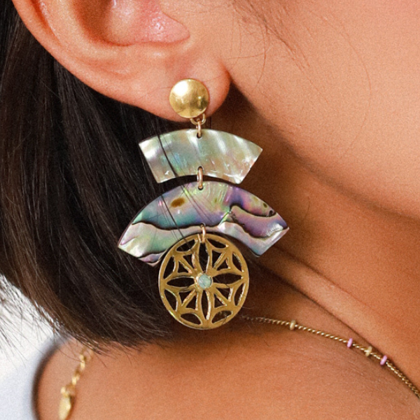 Image of round disc post earrings with paua shell double fan dangles.