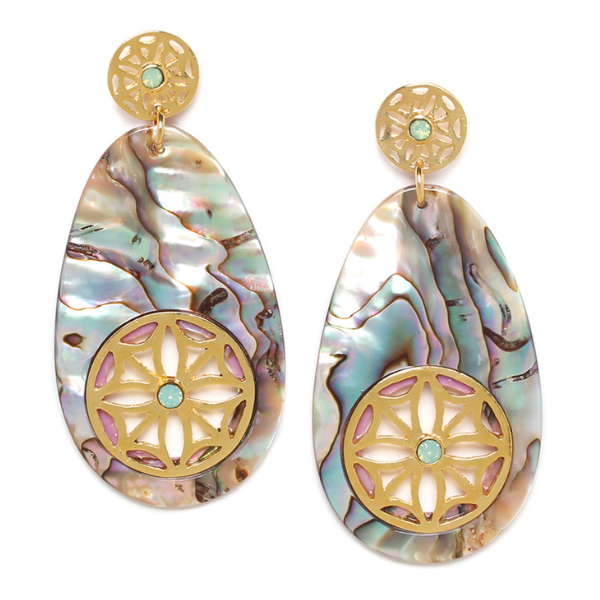 Image of oval shaped paua shell earrings with gold coloured pattern centre.