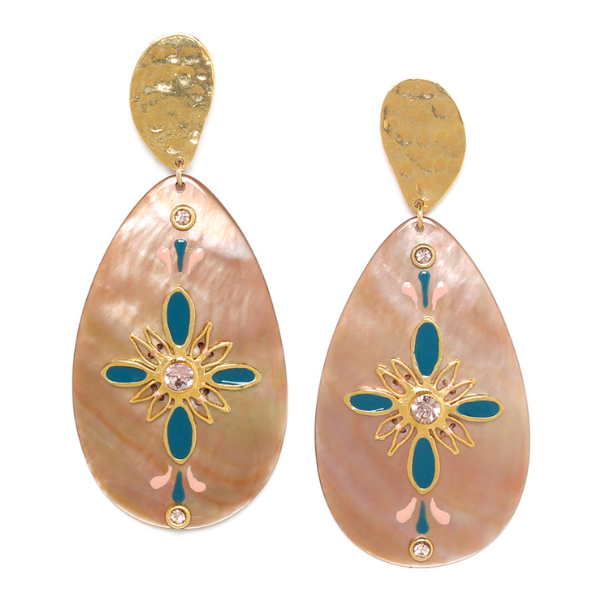 Image of extra large teardrop brown lip dangle earrings encrusted with pink swarovski crystals.