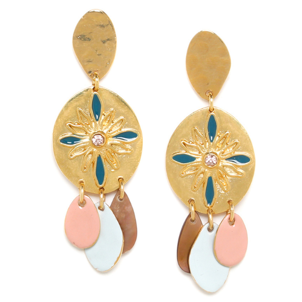 Image of gypsy style earrings with gold oval dangle and mini coloured dangles.