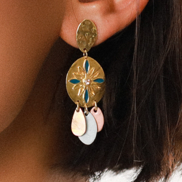 Image of gypsy style earrings with gold oval dangle and mini coloured dangles.