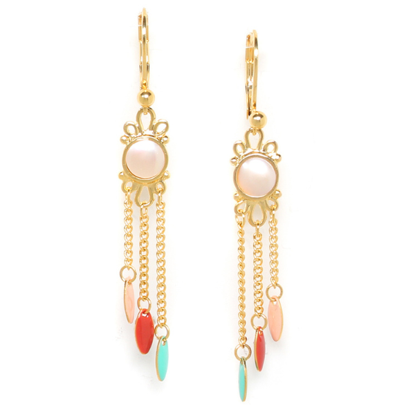 Image of hook earrings with pearl centrepiece and 3 coloured dangles.