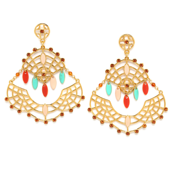 Image of double fan shaped dangle earrings encrusted with tiny crystals.