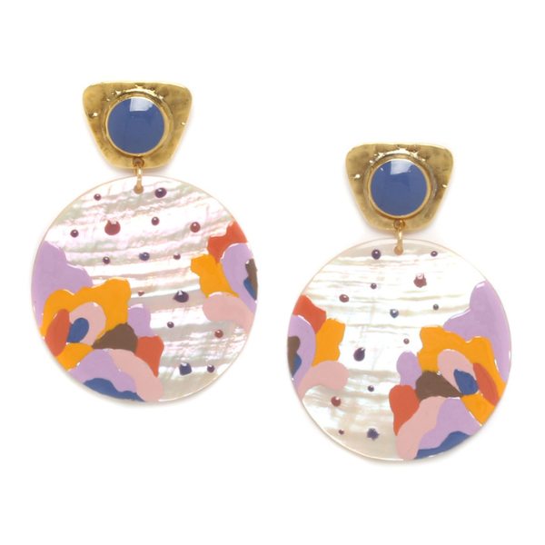 Image of creole style drop earrings with hand painted coloured patterns onto a pink mop disc.