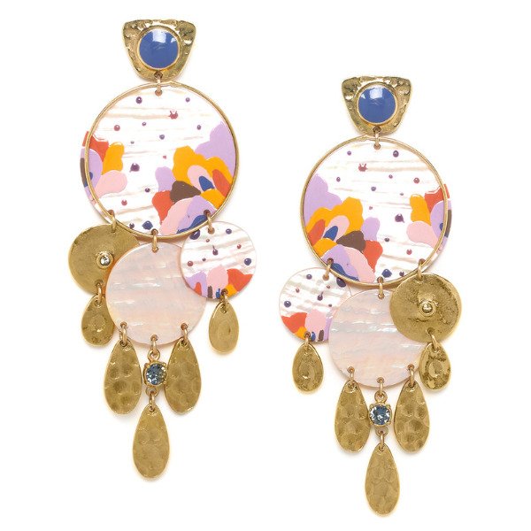 Image of statement creole style drop earrings with hand painted coloured patterns on a mop disc with multi gold dented teardrop dangles and crystalized stones below.