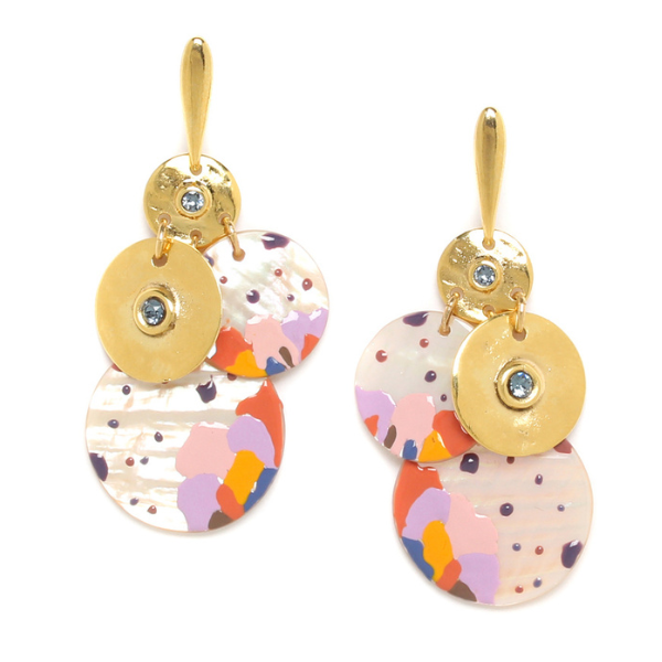 Image of gold plated long stud earrings embellished with multi disc dangles in gold and pink mop with handpainted patterns.