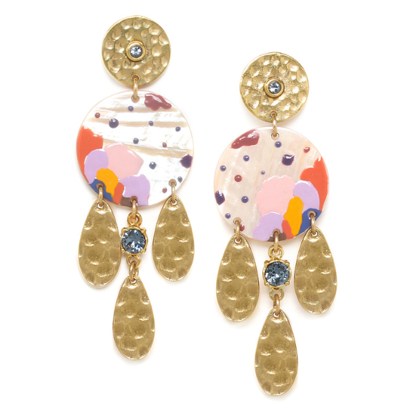 Image of gold plated stud earrings with a disc pink mop dangle hand painted in coloured patterns and 3 gold dangle teardrops with crystalized stone.