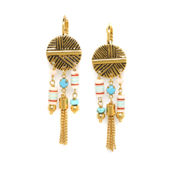 Image of ethnic style earrings with 3 dangle bone tubes on french hook gold plated finish.