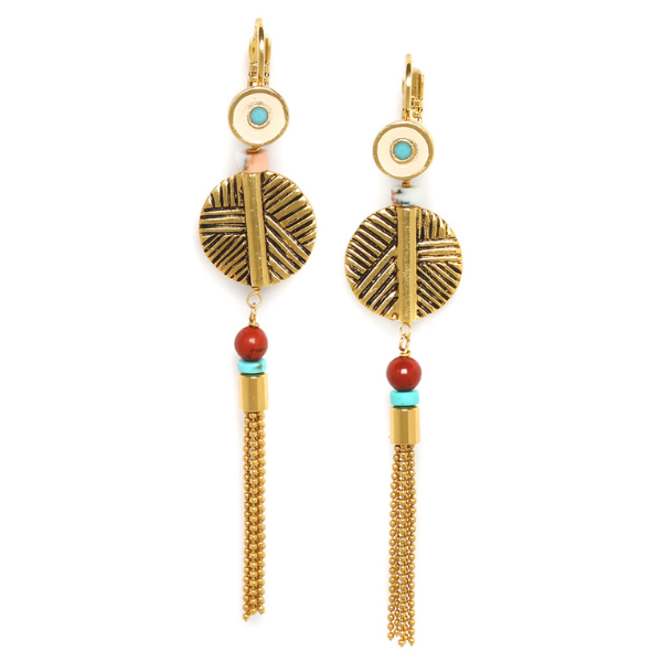 Image of ethnic style earrings with long chain tassel dangle with red and aqua beads on french hook.