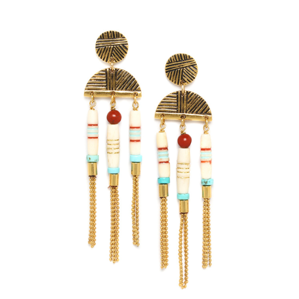 Image of ethnic style earrings with 3 tassel dangles using white, aqua and red beads and chain on stud gold plated finish.
