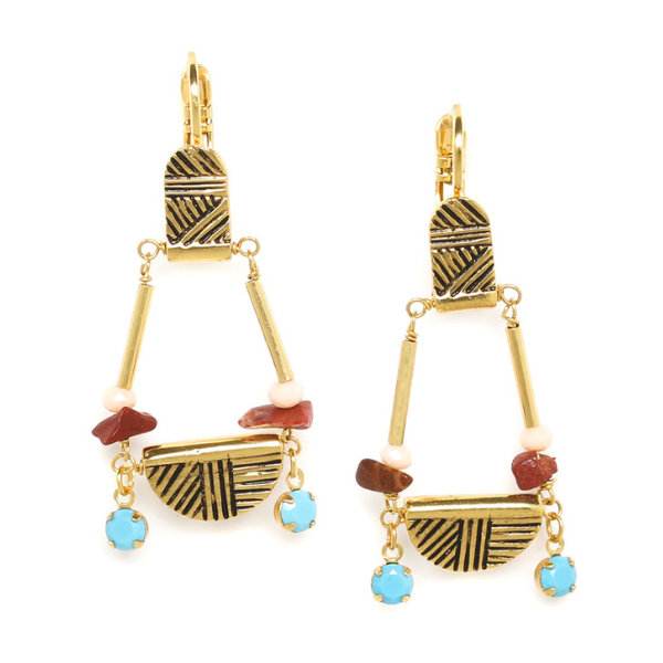 Image of ethnic style swing dangle earrings using gold chain and red and aqua beads french hook gold plated finish.